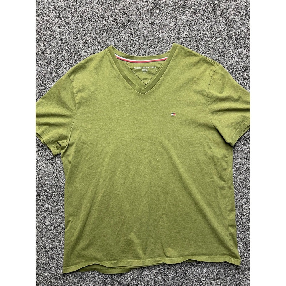 Tommy Hilfiger Mens V-Neck T-Shirt Olive Green Cotton Short Sleeve Tee Large